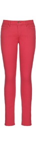 Camden Skinny Jeans - style: skinny leg; length: standard; pattern: plain; pocket detail: traditional 5 pocket; waist: mid/regular rise; predominant colour: coral; occasions: casual, evening; fibres: cotton - mix; texture group: denim; pattern type: fabric