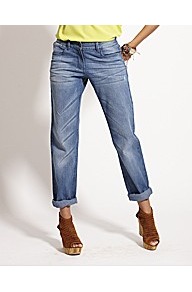 Tapered Boyfriend Jeans - style: boyfriend; pattern: plain; pocket detail: traditional 5 pocket; waist: mid/regular rise; predominant colour: denim; occasions: casual; length: ankle length; fibres: cotton - stretch; jeans detail: whiskering, washed/faded; texture group: denim; pattern type: fabric