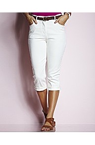 Magifit Cropped Jeans - pattern: plain; pocket detail: traditional 5 pocket; style: slim leg; waist: mid/regular rise; predominant colour: white; occasions: casual, holiday; length: calf length; fibres: cotton - stretch; jeans & bottoms detail: turn ups; texture group: denim; pattern type: fabric