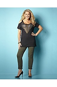 Claire Sweeney Cut Out Jersey Top - bust detail: added detail/embellishment at bust; length: below the bottom; style: t-shirt; predominant colour: charcoal; occasions: casual, evening; neckline: scoop; fibres: viscose/rayon - 100%; fit: loose; shoulder detail: cut out shoulder; sleeve length: short sleeve; sleeve style: standard; pattern type: fabric; pattern size: standard; pattern: patterned/print; texture group: jersey - stretchy/drapey; embellishment: embroidered