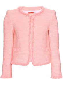 Kidman Tweed Box Jacket - pattern: plain; collar: round collar/collarless; style: boxy; predominant colour: pink; occasions: evening, work, occasion; length: standard; fit: straight cut (boxy); fibres: cotton - stretch; sleeve length: long sleeve; sleeve style: standard; collar break: high; pattern type: fabric; texture group: tweed - light/midweight