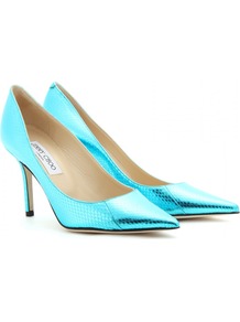 Agnes Metallic Snake Skin Pumps - predominant colour: turquoise; occasions: evening, occasion; material: leather; heel height: high; heel: stiletto; toe: pointed toe; style: courts; trends: fluorescent, metallics; finish: metallic; pattern: animal print