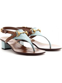 Alyssa Patent Leather Thong Sandals With Block Heel - predominant colour: pale blue; occasions: casual, evening, work, holiday; material: leather; heel height: mid; embellishment: snaffles; ankle detail: ankle strap; heel: block; toe: toe thongs; style: flip flops / toe post; finish: patent; pattern: two-tone