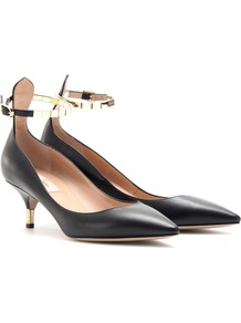 I Cube Studded Kitten Heel Pumps - predominant colour: black; occasions: evening, work, occasion; material: leather; heel height: mid; ankle detail: ankle strap; heel: kitten; toe: pointed toe; style: courts; finish: plain; pattern: plain; embellishment: chain/metal