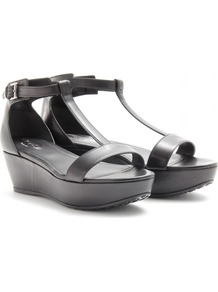 Leather Wedges - predominant colour: black; occasions: casual, evening, work, holiday; material: leather; heel height: mid; embellishment: buckles; ankle detail: ankle strap; heel: wedge; toe: open toe/peeptoe; style: strappy; finish: plain; pattern: plain