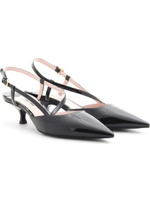 Patent Leather Sling Back Pumps - predominant colour: black; occasions: evening, work, occasion; material: leather; heel height: mid; embellishment: buckles; heel: kitten; toe: pointed toe; style: slingbacks; finish: patent; pattern: plain