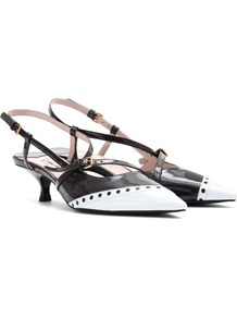 Two Tone Boxcalf Sling Back Pumps - predominant colour: black; occasions: evening, work, occasion; material: leather; heel height: mid; embellishment: buckles; heel: kitten; toe: pointed toe; style: slingbacks; finish: patent; pattern: plain