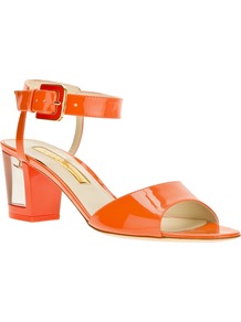 Block Heel Sandal - predominant colour: bright orange; occasions: casual, evening, holiday; material: leather; heel height: mid; ankle detail: ankle strap; heel: block; toe: open toe/peeptoe; style: standard; finish: patent; pattern: plain