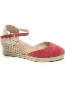 Pink Espadrille Style Wedge Sandal - predominant colour: true red; occasions: casual, holiday; material: fabric; heel height: mid; ankle detail: ankle strap; heel: wedge; style: standard; finish: plain; pattern: plain