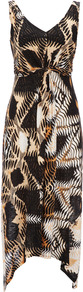 Brown Animal Print Petite Dress - length: calf length; neckline: low v-neck; fit: empire; sleeve style: sleeveless; waist detail: twist front waist detail/nipped in at waist on one side/soft pleats/draping/ruching/gathering waist detail; predominant colour: chocolate brown; occasions: casual, evening, occasion, holiday; style: asymmetric (hem); fibres: viscose/rayon - 100%; sleeve length: sleeveless; texture group: sheer fabrics/chiffon/organza etc.; trends: statement prints; pattern type: fabric; pattern size: small & busy; pattern: patterned/print