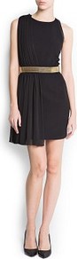 Metal Sash Cocktail Dress - length: mini; fit: fitted at waist; pattern: plain; sleeve style: sleeveless; waist detail: embellishment at waist/feature waistband; predominant colour: black; occasions: evening; style: asymmetric (hem); fibres: polyester/polyamide - 100%; neckline: crew; hip detail: structured pleats at hip; sleeve length: sleeveless; texture group: sheer fabrics/chiffon/organza etc.; bust detail: tiers/frills/bulky drapes/pleats; pattern type: fabric