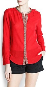 Ethnic Edges Blouse - pattern: plain; length: cropped; style: blouse; predominant colour: true red; occasions: casual; fit: straight cut; neckline: crew; sleeve length: long sleeve; sleeve style: standard; texture group: sheer fabrics/chiffon/organza etc.; pattern type: fabric; embellishment: embroidered; fibres: viscose/rayon - mix