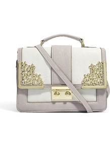 Bag With Metal Flower Fitting And Tophandle - predominant colour: lilac; occasions: casual, work; type of pattern: standard; style: satchel; length: across body/long; size: small; material: faux leather; finish: plain; pattern: colourblock; embellishment: chain/metal