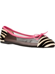 Printed Mesh Ballet Flat - predominant colour: black; occasions: casual; material: leather; heel height: flat; toe: round toe; style: ballerinas / pumps; finish: plain; pattern: animal print; embellishment: bow