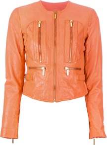 Leather Jacket - pattern: plain; style: biker; bust detail: added detail/embellishment at bust; collar: standard biker; length: cropped; fit: slim fit; predominant colour: bright orange; occasions: casual; fibres: leather - 100%; sleeve length: long sleeve; sleeve style: standard; texture group: leather; collar break: high/illusion of break when open; pattern type: fabric
