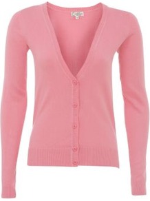 Bright Pink Basic V Neck Cardigan - neckline: plunge; pattern: plain; predominant colour: pink; occasions: casual; length: standard; style: standard; fibres: cotton - mix; fit: standard fit; sleeve length: long sleeve; sleeve style: standard; texture group: knits/crochet; pattern type: knitted - fine stitch