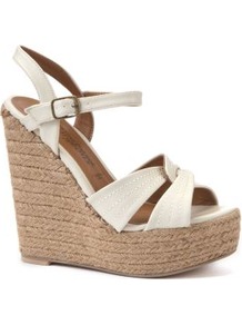 White Twisted Strap Woven Wedges - predominant colour: white; occasions: casual, evening, holiday; material: faux leather; heel height: high; ankle detail: ankle strap; heel: wedge; toe: open toe/peeptoe; style: strappy; finish: plain; pattern: plain