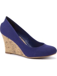 Cobalt Blue Canvas Cork Wedge Shoes - predominant colour: royal blue; occasions: casual, work, holiday; material: fabric; heel height: high; heel: wedge; toe: round toe; style: courts; finish: plain; pattern: plain