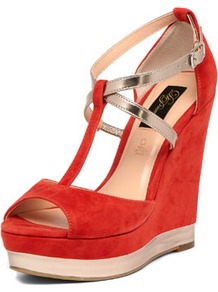 Red And Metallic Strap Wedges - predominant colour: true red; occasions: evening, occasion, holiday; material: suede; heel height: high; ankle detail: ankle strap; heel: wedge; toe: open toe/peeptoe; style: standard; finish: plain; pattern: plain