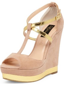Nude And Metallic Strap Wedges - predominant colour: nude; occasions: evening, occasion, holiday; material: fabric; ankle detail: ankle strap; heel: wedge; toe: open toe/peeptoe; style: standard; finish: plain; pattern: colourblock; heel height: very high