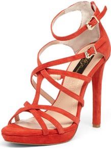 Red Suede Strap Sandals - predominant colour: true red; occasions: evening, occasion, holiday; material: suede; heel height: high; embellishment: buckles; ankle detail: ankle strap; heel: stiletto; toe: open toe/peeptoe; style: strappy; finish: plain; pattern: plain