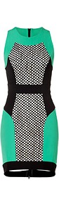 Mesh Panel Dress In Mint/Black - length: mid thigh; neckline: round neck; sleeve style: sleeveless; style: bodycon; hip detail: fitted at hip; predominant colour: mint green; occasions: evening, occasion; fit: body skimming; fibres: viscose/rayon - stretch; waist detail: narrow waistband; sleeve length: sleeveless; trends: sporty redux; pattern type: fabric; pattern size: big & busy; pattern: colourblock; texture group: other - light to midweight