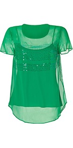 Silk Sequined Top In Vibrant Green - neckline: round neck; pattern: plain; bust detail: added detail/embellishment at bust; predominant colour: emerald green; occasions: casual, evening; length: standard; style: top; fibres: silk - mix; fit: straight cut; sleeve length: short sleeve; sleeve style: standard; texture group: sheer fabrics/chiffon/organza etc.; pattern type: fabric; pattern size: standard; embellishment: sequins