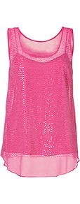 Silk Sequined Top In Charming Pink - pattern: plain; sleeve style: sleeveless; length: below the bottom; back detail: contrast pattern/fabric at back; predominant colour: hot pink; occasions: evening, holiday; style: top; neckline: scoop; fibres: silk - mix; fit: loose; sleeve length: sleeveless; texture group: sheer fabrics/chiffon/organza etc.; pattern type: fabric; pattern size: standard; embellishment: sequins