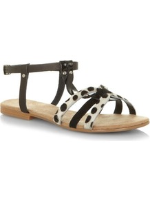 Dalmatian Print Leather T Bar Sandals - predominant colour: black; occasions: casual, holiday; material: leather; heel height: flat; embellishment: studs; ankle detail: ankle strap; heel: standard; toe: open toe/peeptoe; style: strappy; finish: plain; pattern: animal print