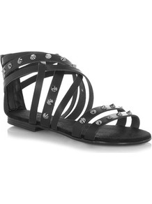 Black Studded Leather Gladiator Sandals - predominant colour: black; occasions: casual, holiday; material: leather; heel height: flat; embellishment: studs; ankle detail: ankle strap; heel: standard; toe: open toe/peeptoe; style: gladiators; finish: plain; pattern: plain