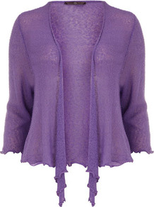 Purple Tie Front Shrug - pattern: plain; style: bolero/shrug; neckline: waterfall neck; length: cropped; predominant colour: purple; occasions: casual, evening, work; fibres: acrylic - mix; fit: standard fit; sleeve length: 3/4 length; sleeve style: standard; texture group: knits/crochet; pattern type: knitted - other; pattern size: standard