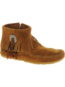 Concho Feather Side Zip Brown Ankle Boots - predominant colour: tan; occasions: casual; material: suede; heel height: flat; heel: standard; toe: round toe; boot length: ankle boot; style: standard; finish: plain; pattern: plain; embellishment: fringing