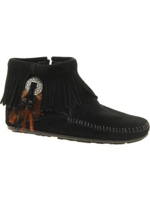 Concho Feather Side Zip Black Ankle Boots - predominant colour: black; occasions: casual; material: suede; heel height: flat; heel: standard; toe: round toe; boot length: ankle boot; style: standard; finish: plain; pattern: plain; embellishment: fringing