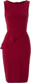 Moda Side Peplum Dress Berry - style: shift; neckline: slash/boat neckline; pattern: plain; sleeve style: sleeveless; hip detail: fitted at hip; waist detail: peplum waist detail; predominant colour: burgundy; occasions: casual, evening, work; length: on the knee; fit: body skimming; fibres: polyester/polyamide - mix; sleeve length: sleeveless; trends: sculptural frills; pattern type: fabric; texture group: jersey - stretchy/drapey