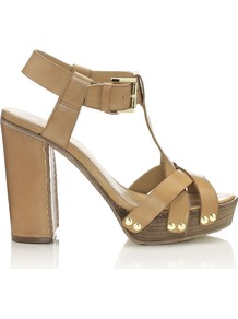 Quartz Heels - predominant colour: camel; occasions: casual, evening, occasion, holiday; material: leather; heel height: high; embellishment: studs; ankle detail: ankle strap; heel: block; toe: open toe/peeptoe; style: strappy; finish: plain; pattern: plain