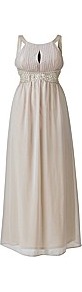 Ax Paris Embellished Key Hole Champagne Maxi Dre - neckline: round neck; fit: empire; sleeve style: sleeveless; style: maxi dress; waist detail: fitted waist; bust detail: ruching/gathering/draping/layers/pintuck pleats at bust; predominant colour: champagne; occasions: evening, occasion; length: floor length; fibres: polyester/polyamide - 100%; sleeve length: sleeveless; texture group: sheer fabrics/chiffon/organza etc.; hip detail: ruffles/tiers/tie detail at hip; pattern type: fabric; pattern size: small & light; pattern: patterned/print; embellishment: pearls