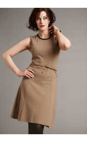 Bespoke Jackie Dress - pattern: plain; sleeve style: sleeveless; waist detail: embellishment at waist/feature waistband; predominant colour: camel; occasions: casual, evening, work; length: just above the knee; fit: soft a-line; style: fit & flare; fibres: cotton - mix; neckline: crew; sleeve length: sleeveless; pattern type: fabric; pattern size: standard; texture group: woven light midweight