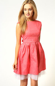 Adele Tie Back Jaquard V Back Netted Prom Dress - sleeve style: sleeveless; waist detail: fitted waist; back detail: low cut/open back; predominant colour: coral; occasions: casual, evening, occasion; length: just above the knee; fit: fitted at waist & bust; style: fit & flare; fibres: cotton - mix; neckline: crew; hip detail: soft pleats at hip/draping at hip/flared at hip; sleeve length: sleeveless; texture group: ornate wovens; pattern type: fabric; pattern: patterned/print