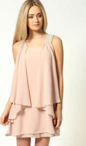 Naomi Pearl And Diamonte Trim Shift Dress - style: shift; length: mid thigh; neckline: high square neck; fit: loose; sleeve style: sleeveless; predominant colour: nude; occasions: evening, occasion; fibres: polyester/polyamide - 100%; shoulder detail: added shoulder detail; sleeve length: sleeveless; texture group: sheer fabrics/chiffon/organza etc.; bust detail: tiers/frills/bulky drapes/pleats; hip detail: ruffles/tiers/tie detail at hip; pattern type: fabric; pattern size: small & light; pattern: patterned/print; embellishment: beading
