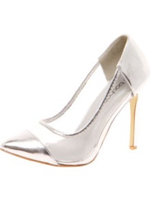 Loren Metallic Toe Cap & Perspex Pointed Mid Heels - predominant colour: silver; occasions: casual, evening, occasion; material: fabric; heel: stiletto; toe: pointed toe; style: courts; trends: sporty redux, metallics; finish: patent; pattern: plain; embellishment: toe cap; heel height: very high