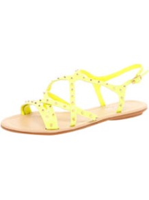 Bella All Over Stud Strappy Sandal - predominant colour: primrose yellow; occasions: casual, holiday; material: faux leather; heel height: flat; embellishment: studs; ankle detail: ankle strap; heel: standard; toe: open toe/peeptoe; style: strappy; trends: fluorescent; finish: plain; pattern: plain
