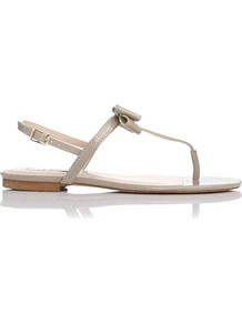 Bondi Patent Leather Brogued Bow Detail Flat Sandal Grey Clay - predominant colour: stone; occasions: casual, evening, holiday; material: leather; heel height: flat; ankle detail: ankle strap; heel: standard; toe: toe thongs; style: flip flops / toe post; finish: patent; pattern: plain; embellishment: bow