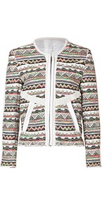 Cotton Blend Woven Jacket In Kaki - collar: round collar/collarless; style: boxy; occasions: casual, work, occasion, holiday; length: standard; fit: straight cut (boxy); fibres: acrylic - mix; predominant colour: multicoloured; sleeve length: long sleeve; sleeve style: standard; trends: statement prints; collar break: high; pattern type: fabric; pattern size: small & busy; pattern: patterned/print; texture group: woven light midweight