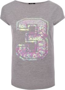 G21 Sequin 3 T Shirt Ash - neckline: slash/boat neckline; style: t-shirt; predominant colour: mid grey; occasions: casual; length: standard; fibres: cotton - mix; fit: body skimming; sleeve length: short sleeve; sleeve style: standard; pattern type: fabric; pattern size: small & light; pattern: patterned/print; texture group: jersey - stretchy/drapey; embellishment: sequins