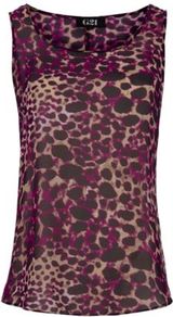 G21 Animal Print Sheer Vest Plum - neckline: round neck; sleeve style: sleeveless; style: vest top; predominant colour: aubergine; occasions: casual, evening, work, holiday; length: standard; fibres: polyester/polyamide - 100%; fit: body skimming; sleeve length: sleeveless; texture group: silky - light; pattern type: fabric; pattern size: small & busy; pattern: animal print