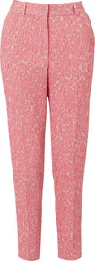Jacquard Trousers - pocket detail: pockets at the sides; waist: mid/regular rise; predominant colour: pink; occasions: casual, evening, work, occasion; length: ankle length; fibres: polyester/polyamide - mix; hip detail: fitted at hip (bottoms); waist detail: narrow waistband; fit: slim leg; pattern type: fabric; pattern size: small & light; pattern: patterned/print; texture group: brocade/jacquard; style: standard