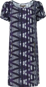 Zig Zag Print Dress - style: shift; neckline: round neck; pattern: vertical stripes; predominant colour: purple; occasions: casual, evening, work, occasion; length: just above the knee; fit: straight cut; fibres: silk - 100%; sleeve length: short sleeve; sleeve style: standard; texture group: silky - light; trends: statement prints, glamorous day shifts; pattern type: fabric; pattern size: big & busy