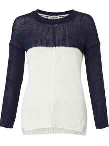 Jasmine Slouchy Jumper - sleeve style: dolman/batwing; style: standard; predominant colour: navy; occasions: casual, work; length: standard; fibres: cotton - mix; fit: slim fit; neckline: crew; back detail: longer hem at back than at front; sleeve length: long sleeve; texture group: knits/crochet; pattern type: knitted - other; pattern size: standard; pattern: colourblock