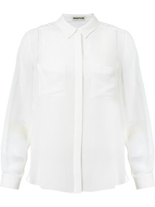 Double Layer Blouse - neckline: shirt collar/peter pan/zip with opening; pattern: plain; length: below the bottom; style: blouse; predominant colour: ivory; occasions: casual, evening, work; fibres: silk - 100%; fit: body skimming; sleeve length: long sleeve; sleeve style: standard; texture group: silky - light; pattern type: fabric; pattern size: standard