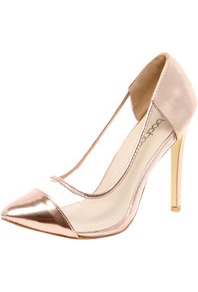 Loren Metallic Toe Cap & Perspex Pointed Mid Heels - predominant colour: gold; occasions: evening, occasion; material: faux leather; heel height: high; heel: stiletto; toe: pointed toe; style: courts; trends: metallics; finish: metallic; pattern: plain